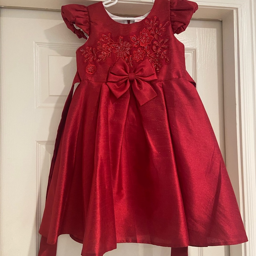 Charming Scarlet Kids Dress with Floral Embroidery